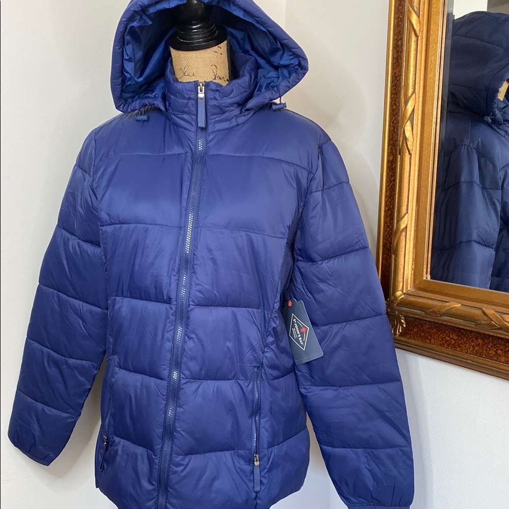 St. John's Bay Women's Navy Blue Puffer Hooded Lightweight Jacket Coat L